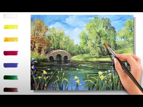 Видео: Ирисы у озера. Как нарисовать пейзаж 🎨АКРИЛ! Мастер-класс ДЕМО