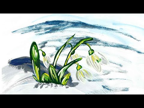 Видео: Подснежник гуашью. Весна красками поэтапно. Первые цветы красками гуашь. Правополушарное рисование.