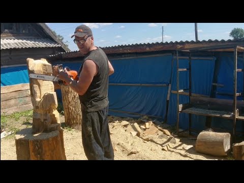 Видео: Резьба скульптуры в сад бензопилой  Приветственный медведь