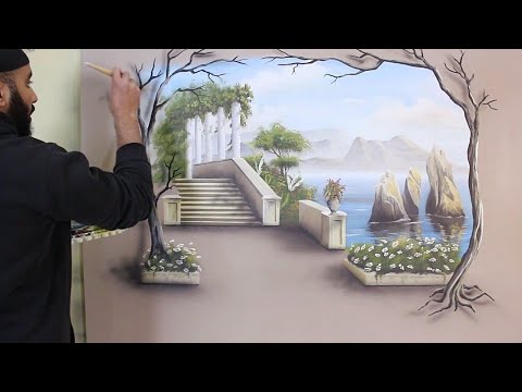 Видео: Рисуем пейзаж на стене простым способом и с очень понятным объяснением