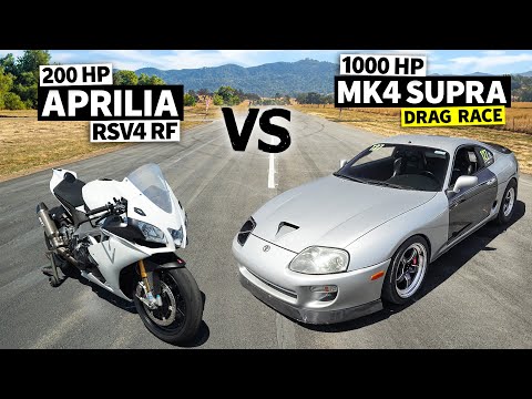 Видео: 1000-сильная Toyota Supra Turbo против Aprilia RSV4 RF Superbike Drag Race