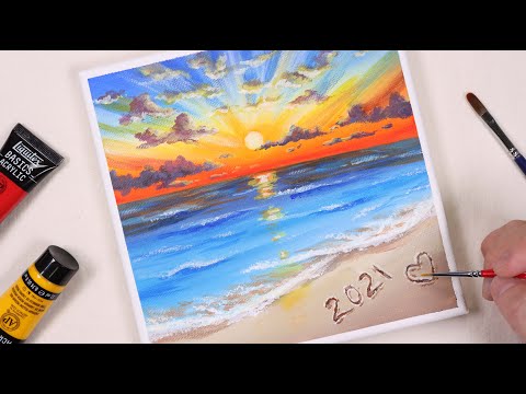 Видео: Первый восход 2021 года / С Новым годом / Акриловая живопись для начинающих / Уроки рисования