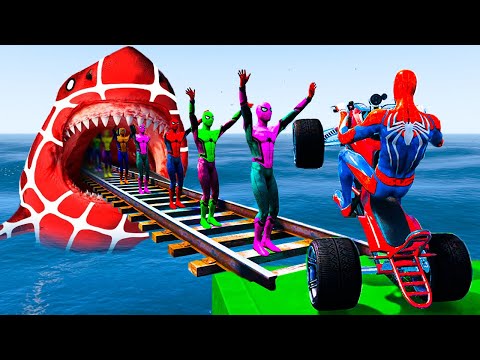 Видео: GTA V Epic New Stunt Race For Car Racing Challenge на квадроциклах, автомобилях и мотоциклах, акуле