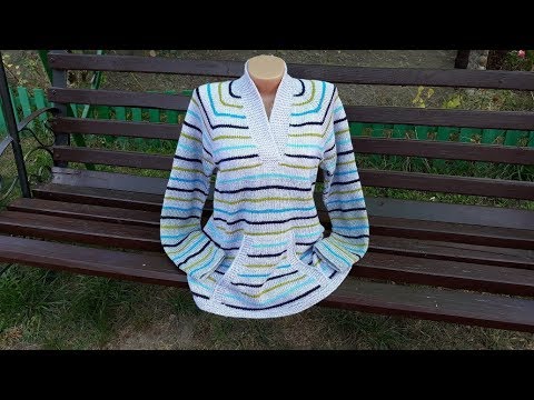 Видео: Пуловер с карманом (из остатков пряжи). Часть 5. Обзор готового изделия.