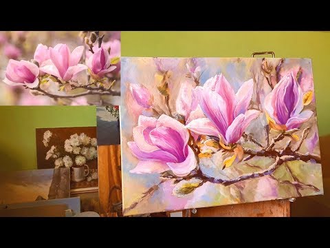 Видео: Ветка цветущей магнолии крупным планом. Декоративная живопись масляными красками мастер-класс.