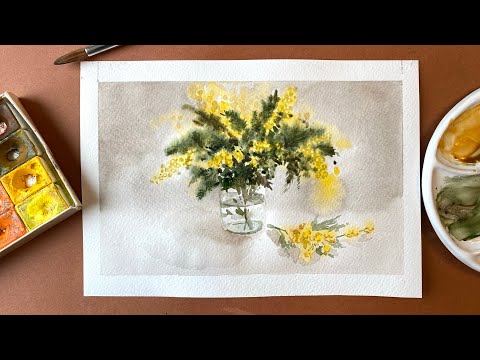 Видео: Как просто нарисовать мимозу в банке. Пишем цветы акварелью поэтапно