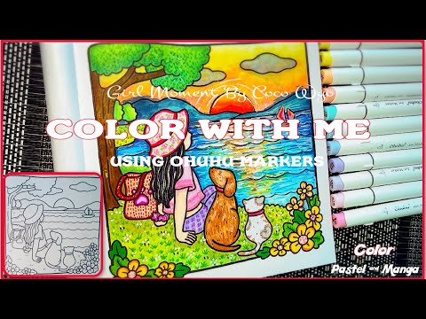Видео: Раскрашиваем со мной (ASMR) 🌅🌊 ‘Girl Moments’ by Coco Wyo | Маркеры Ohuhu✏️🔊#adultcoloring