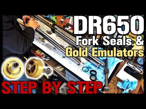 Видео: DR650 Замена вилочных уплотнителей и установка золотых эмуляторов картриджей клапанов