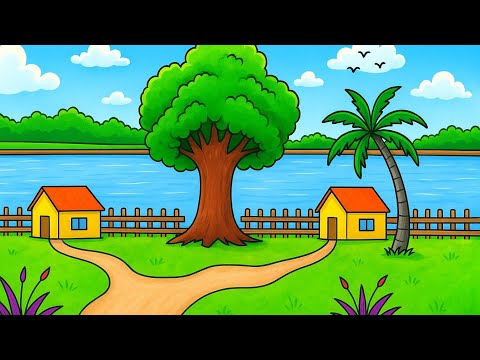 Видео: Рисунок красивого пейзажа | Рисунок природного пейзажа | Рисунок деревенского пейзажа