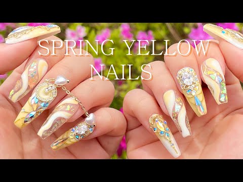 Видео: Симпатичный желтый нейл-арт💛 Простой способ! Наращивание ногтей / учебник для начинающих