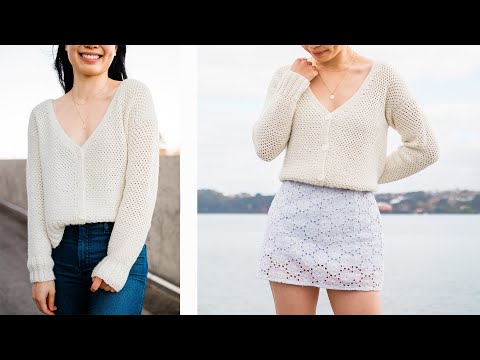 Видео: Вязаный крючком кардиган на пуговицах - Как связать крючком укороченный кардиган с V-образным выр...