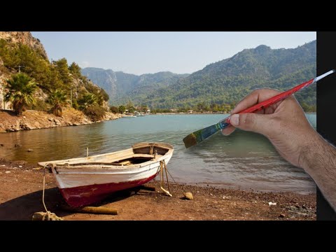 Видео: Акриловая пейзажная живопись / картина неба, гор и лодки