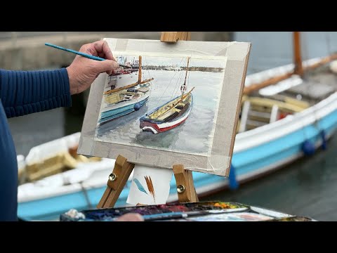 Видео: Картина «Лодка в гавани» на пленэре | Пошаговая акварель!