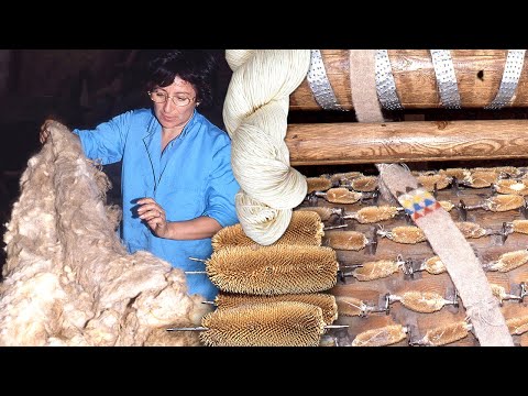Видео: Необработанная шерсть, обработанная с помощью многовековых машин: очистка, крашение и кардочесание