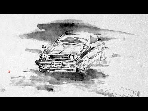 Видео: Картина тушью, пейзаж, машина "машина с воспоминаниями" суми-э