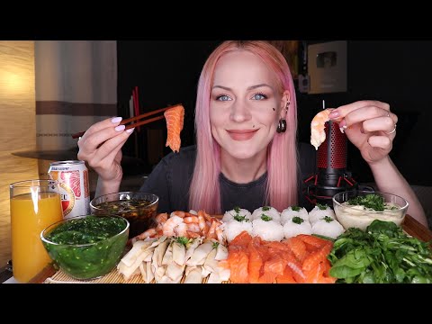 Видео: MUKBANG | Форель, креветки, кальмары, рис | salmon, shrimp, squid, rice не ASMR