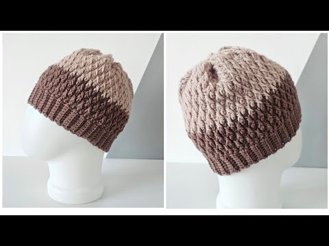 Видео: Шапка крючком узор Кожа дракона по кругу / Crochet hat
