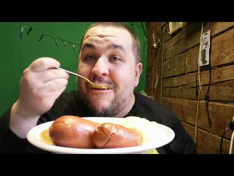 Видео: Обжор - Пюре со шпикачками и кабачковой икрой
