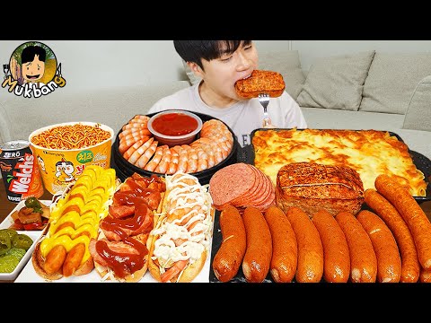 Видео: ASMR MUKBANG | Огненная лапша, хотдог, Коктейли из креветок, колбаса рецепт блюда ! принимать