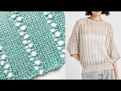 Видео: Простой узор джемпера от Кучинелли / Лицевая гладь с ажурными вертикалями