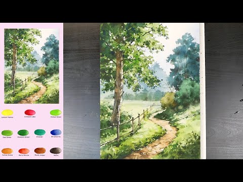 Видео: Пейзаж Акварель - Парк Лесная Дорога (2X скорость, просмотр названия цвета)