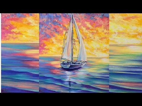Видео: Sailboat sunset seascape acrylic painting. Парусник на закате. Акрил. Холст. Happy Fathers Day!