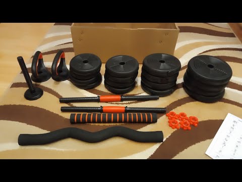 Видео: Набор гантелей Ametist со штангой, грифами и гирями 7в1 30 кг. Полный обзор.