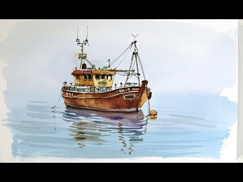 Видео: Ручка и мытье Акварель демонстрация - Старая рыбацкая лодка