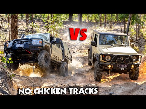 Видео: Land Cruiser 79 серии против Suzuki Jimny | Однополосная трасса на JACKHAMMER!