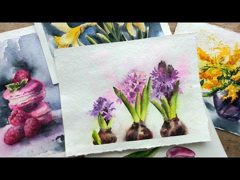 Видео: Гиацинты акварелью - сюжет для открытки на 8 марта. Happy women's day - watercolor painting tutorial