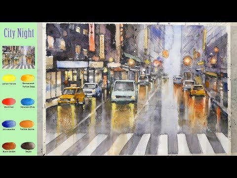 Видео: Пейзажная акварель - Городская Ночь (эскиз смешивание цветов, Arches rough) NAMIL ART