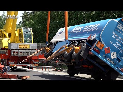 Видео: VN24 - Прицеп-цистерна опрокинулся на автостраде A46 - кран помог с подъемом