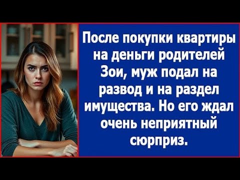 Видео: После покупки квартиры не деньги родителей Зои, муж подал на развод и отсудил половину квартиры.