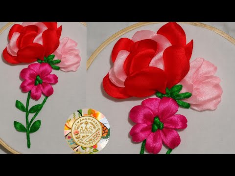 Видео: Простые цветы из вышитых лент для начинающих | День 13: Задание | От лент к розе #лента #3d