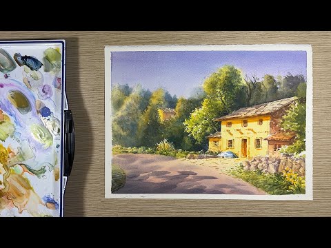 Видео: Дом в маленькой деревне - Пейзаж акварельной живописи