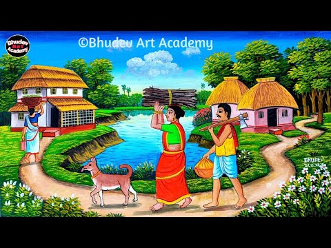 Видео: Красивый деревенский пейзаж | Картина с изображением индийской деревни, нарисованная акварелью Ea...