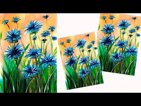 Видео: Как нарисовать васильки. Как нарисовать полевые цветы. Нарисуем пейзаж гуашью. Рисуем лето.