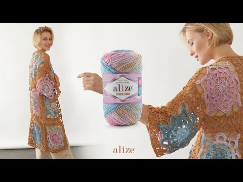 Видео: Кардиган с мотивом крючком и Alize Cotton Gold Batik