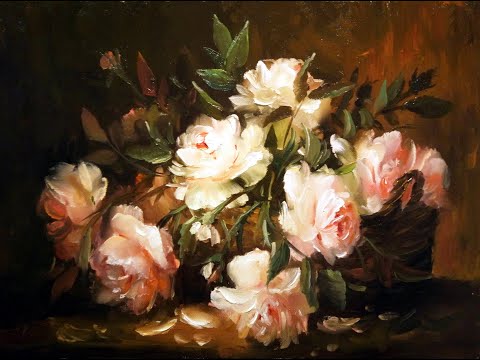 Видео: #28 КОРЗИНА С РОЗАМИ. Как нарисовать розы в корзине маслом  цветы маслом. Цветы букет маслом