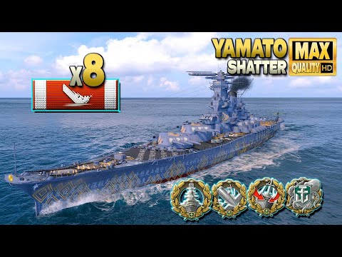Видео: линкор Ямато: уничтожено 8 кораблей, на карте Shatter - World of Warships