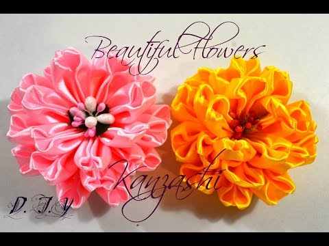 Видео: Beautiful Flowers Kanzashi/Большие цветы из ленты 5 см/Tutorial/D.I.Y