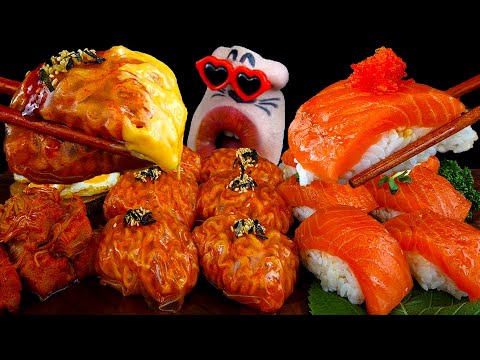 Видео: обертки с огненной лапшой, грибы эноки, гигантские суши с лососем ASMR-шоу еды (субтитры)