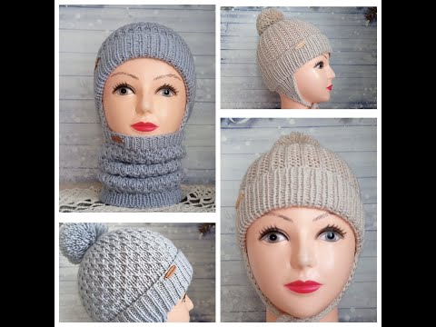 Видео: Детские шапочки с ушками и снуд спицами, вязание узоров.