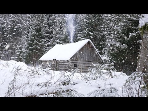 Видео: холодная зимняя ночь в заброшенной бревенчатой ​​хижине охотников