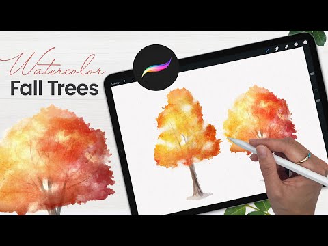 Видео: Как рисовать акварелью осенние деревья в Procreate • Простой урок рисования на iPad