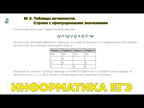 Видео: Информатика ЕГЭ. № 2.3.2. Таблицы истинности. Строки с пропущенными значениями