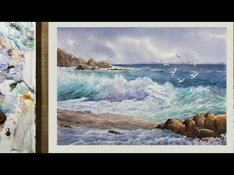 Видео: Море и чайки – демонстрация реалистичной акварельной живописи