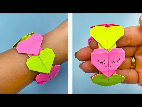 Видео: Бумажный Браслет с сердечками 💕 Как сделать Оригами браслет из бумаги
