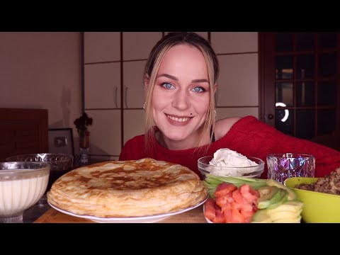 Видео: MUKBANG | Блины с фаршем, лососем, сгущенкой и джемом | Pancakes with different fillings не ASMR