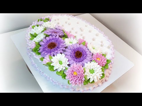 Видео: Торт с Герберами и Хризантемами(крем БЗК). /Cake with gerberas and chrysanthemums(protein custard).